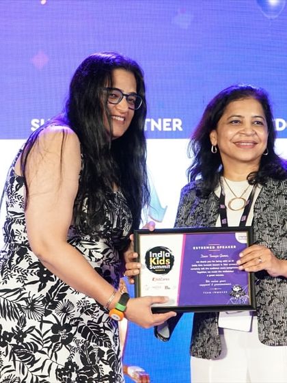 Our CEO, Tanuja Gomes, receiving a certificate of appreciation at the India Kids Summit. This recognizes our contribution to the dialogue on empowering children through creative and educational content.