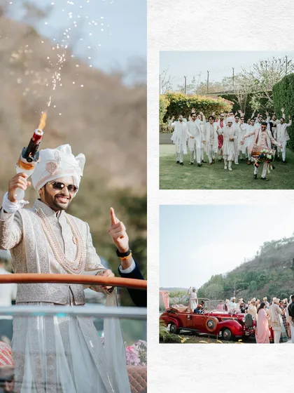 A collage capturing the groom's grand baraat, from his arrival in a vintage car to the joyous procession with his friends and family.
