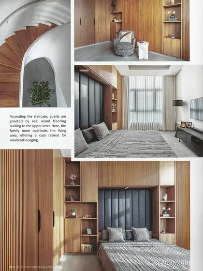 A magazine feature showcasing the guest room's clever use of space, including the Murphy bed and integrated shelving, alongside the sculptural wooden staircase.