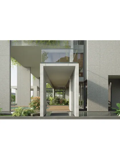 The entrance to the 'House on Water' is envisioned as a pathway that cuts through the water, leading you into a home surrounded by reflections. Overhanging volumes and lush greenery create a shaded, welcoming transition from the outside world.