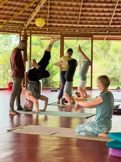 Students practice variations of headstand during an advanced asana workshop in our Chakra Hall. Our experienced teachers are there every step of the way to ensure safety and encourage progress.