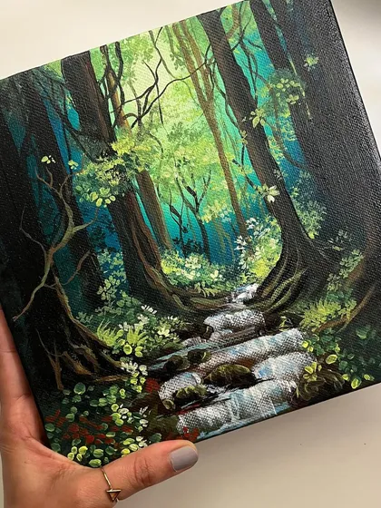 I love capturing the feeling of a secret forest stream. This acrylic on canvas piece shows a quiet moment with sunlight filtering through the trees and water flowing over mossy rocks.