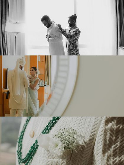 A collage documenting the groom's preparation and details. From getting help with his outfit to a close-up of his boutonnière, these shots tell the story of his morning.