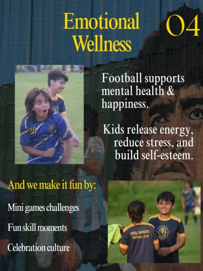Football is a great outlet for emotional wellness. We create a fun environment with mini-games and a culture of celebration, helping kids release energy, reduce stress, and build self-esteem.