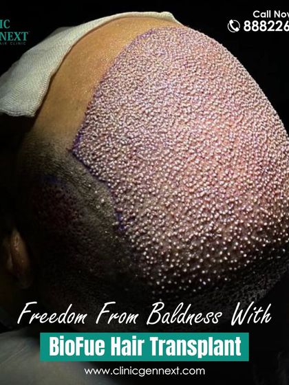 Freedom from baldness is possible with a Bio-FUE hair transplant. This image shows the scalp immediately after the procedure, with densely packed grafts ready to grow.