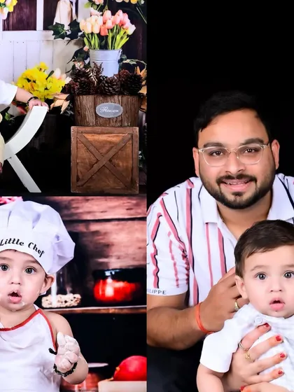 A collage showing a father with his baby, alongside themed shots of the baby as a little chef.