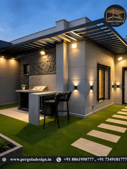 A minimalist backyard design with a simple pergola over a barbecue and bar counter. The artificial turf and clean lines create a modern and low-maintenance outdoor space.