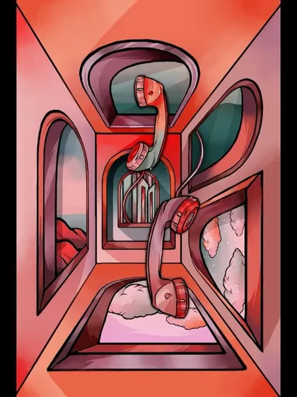 The flat illustration for the 'Calling Mexico' cover, showing the intricate details of the endless, telephone-filled corridor.