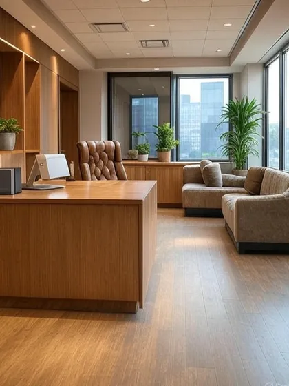 A classic executive office design featuring a large wooden desk, a leather high-back chair, and a comfortable seating area for meetings. Large windows provide a city view and plenty of natural light.