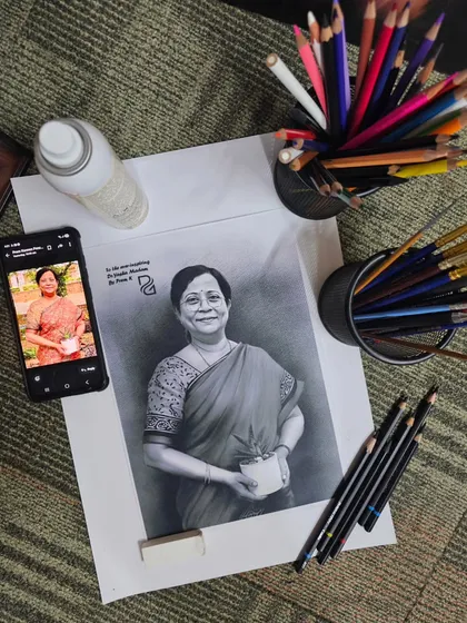 I believe art should capture the soul, not just the likeness. Here is a charcoal and pencil portrait I created, showing the final sketch next to the reference photo. I take great care to bring out the warmth and personality of every individual I draw.