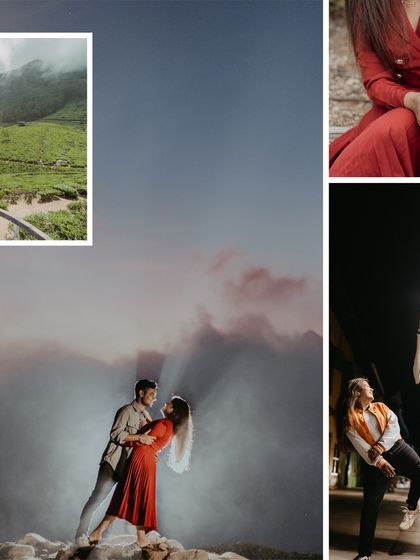 A collage showing different facets of a nature shoot, from misty mountain tops to dramatic, smoky portraits, demonstrating our creative range.