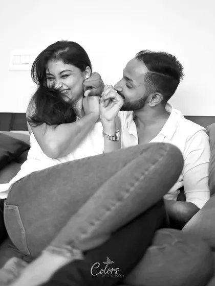 A playful and candid black and white shot from the same at-home session.