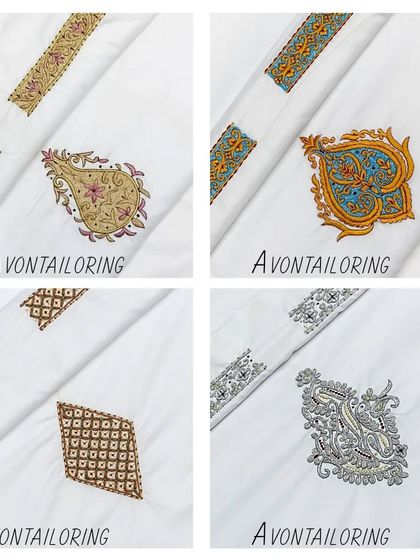 Here are some examples of my unstitched, in-house embroidered fabrics. You can choose your preferred design, and I will tailor the saya kurta to your exact measurements.