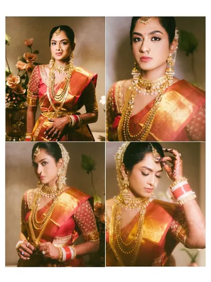 A collage of stunning portraits of a South Indian bride. Her expressions range from serene to joyful, capturing the many emotions of her wedding day.