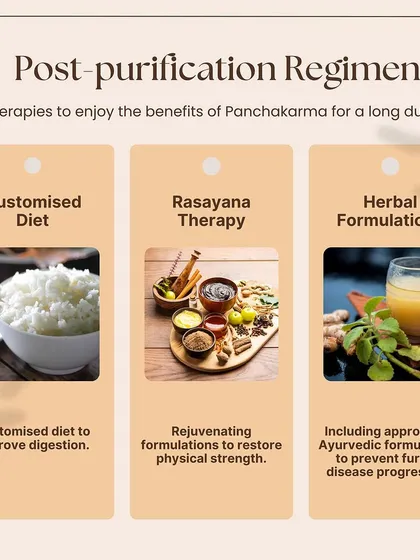 Healing continues even after the main treatments. Our post-purification regimen includes a customized diet, Rasayana (rejuvenation) therapy, and herbal formulations to prolong the benefits of Panchakarma.