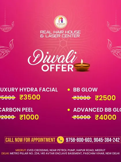 Get ready for Diwali with these amazing skin glow offers. I am offering great discounts on Luxury Hydra Facial, Carbon Peel, and BB Glow treatments. Book your appointment to shine bright this festive season.