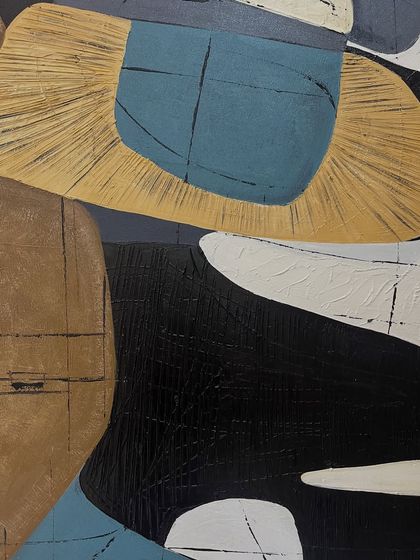 A close-up of a tall abstract painting. This piece features a mix of textures, from combed lines that create a fan-like effect to smooth, color-blocked areas.