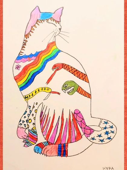 This artwork is a playful mix of patterns and colors, from rainbows to snakes, all contained within the silhouette of a cat. It's a fantastic example of artistic expression.