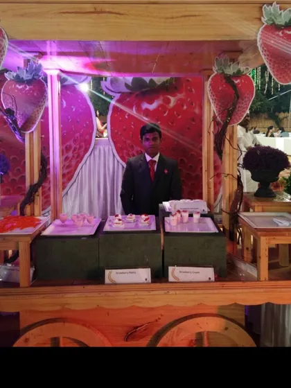 Our special strawberry cart is a perfect addition for a winter wedding. It features a variety of strawberry delicacies, including milkshake shots, pastries, and even strawberry ghevar, all presented on a charming wooden cart.