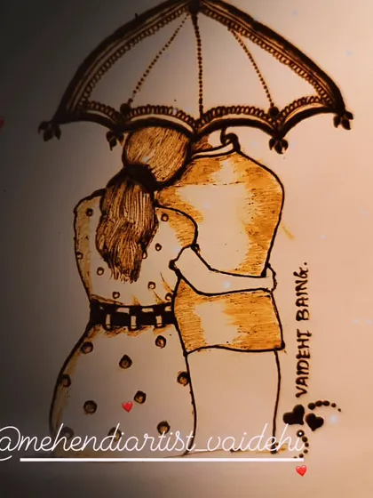 A romantic and cute illustration of a couple under an umbrella. This kind of personalized figure work is a sweet way to represent your relationship in your mehendi design.