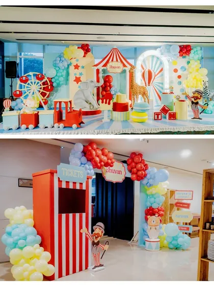 Step right up to the greatest party in town. This collage shows our vibrant circus theme, featuring a grand entrance with a ticket booth and a full stage setup with a classic red-and-white striped big top, a Ferris wheel, and life-sized animal props.