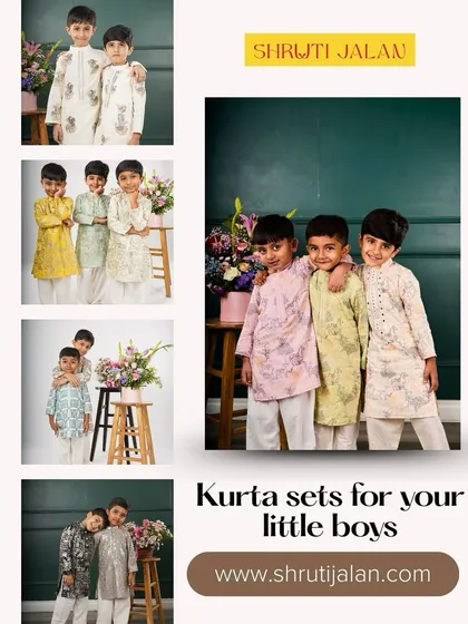A collage of my kurta sets for little boys, showing a range of prints and styles. From playful animals to classic geometrics, there's a look for every personality.