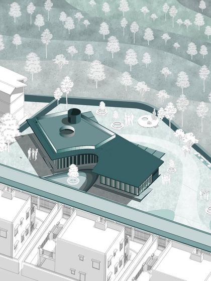 An isometric render of our 'Holi Hues' concept for a boomerang-shaped golf clubhouse. The central courtyard is designed to invite natural light and refreshing ventilation, creating a realm of beauty and tranquility.