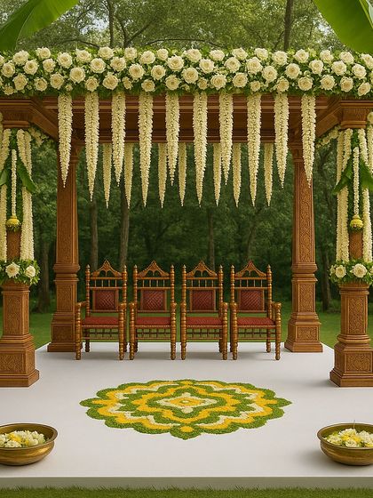 A traditional South Indian mandap set in a lush garden. This design features wooden pillars, hanging jasmine garlands, and banana leaf accents, creating a serene and natural setting for the ceremony.