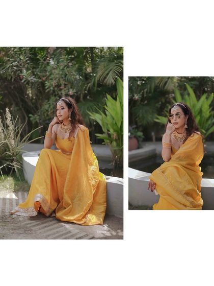 A diptych of the bride posing in her yellow Haldi outfit, showcasing her elegance and the beautiful garden setting.