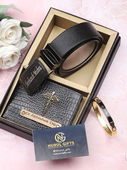 A premium gift set for a doctor, this hamper includes a personalized crocodile leather wallet, a name-engraved belt, and a custom name kada (bracelet).