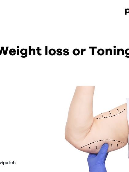 This carousel explains the difference between weight loss and toning. It highlights that the best approach is to combine a balanced diet with regular strength training from the start, rather than losing weight first and toning later.