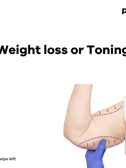 This carousel explains the difference between weight loss and toning. It highlights that the best approach is to combine a balanced diet with regular strength training from the start, rather than losing weight first and toning later.
