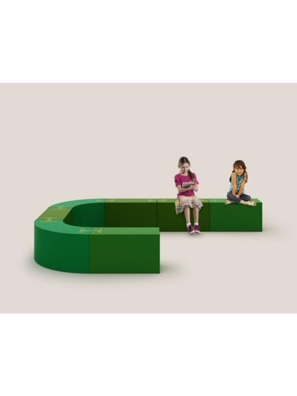 A U-shaped LOKI bench configuration in green, providing ample seating in a dynamic form. This setup is ideal for waiting areas, school common rooms, or any space requiring flexible public seating.