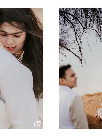 A diptych of artistic shots from the Abu Dhabi desert. The images focus on intimate embraces and creative compositions, highlighting the beauty of the couple and the landscape.