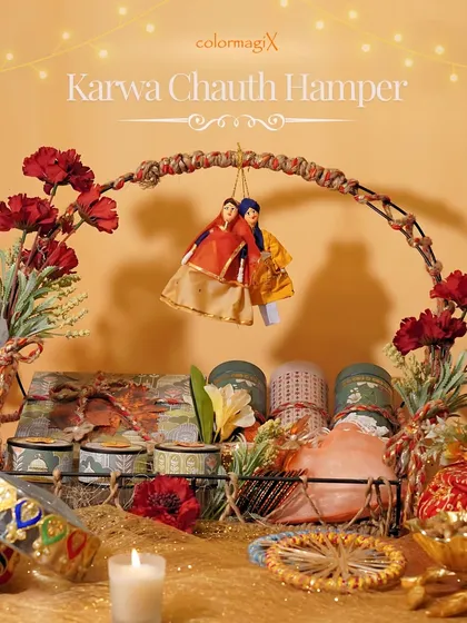 Embrace the Karwa Chauth vibes with our special hamper. This beautifully arranged basket includes everything for the occasion, from decorative bangles and jars of treats to a traditional karwa.