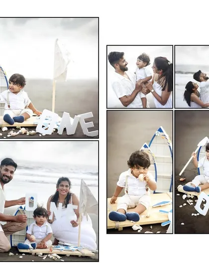 A family and solo shot collage from a nautical-themed first birthday shoot on the beach, capturing playtime and family love.
