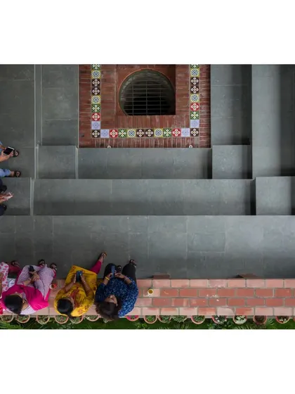 A view from above of the modern stepped well at the ASA Office in Bhopal. This feature is our design solution to a water-logged site, turning a challenge into a beautiful community gathering space that also helps replenish the local aquifer.