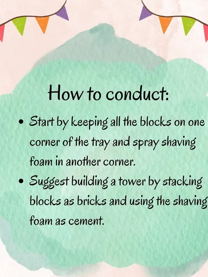 These graphics provide variations, benefits, and instructions for the shaving foam and blocks activity, a fun way to strengthen grip and explore creativity.