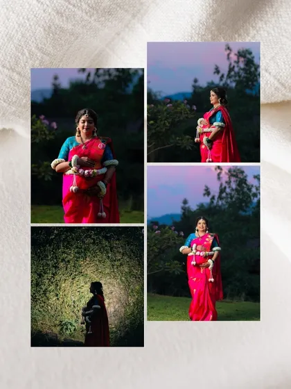 A collage from a traditional Dohale Jevan, including a dramatic silhouette and portraits of the mother-to-be in her beautiful pink saree.
