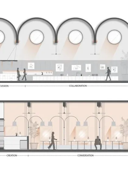 Section drawings of the award-winning ADND SILO office, illustrating the fluid, collaborative, and transparent workspace designed by the architects for their own studio.