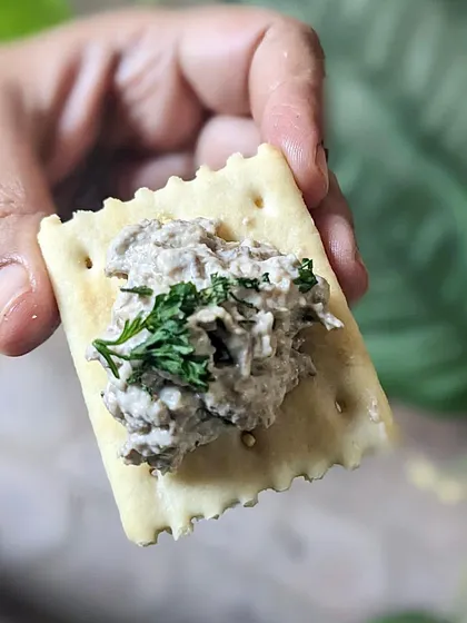 This is my roasted oyster mushroom paté served on a simple cream cracker. It’s a creamy, nutty, and mellow spread that works beautifully as a dip or in a sandwich.