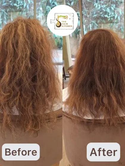 This is a perfect example of what a personalized consultation, a healthy haircut, and my custom products can do. This client's frizz was tamed and her hair's natural texture was restored, all without using any heat styling.