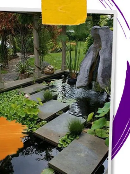 Water is a powerful element in garden design. I often incorporate features like this naturalistic pond and waterfall to add the soothing sound of moving water, enhancing the tranquility of a farmhouse or villa garden.