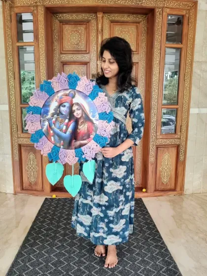 Another view of the beautiful Radha Krishna macrame frame we created. It is a privilege to craft pieces that hold such personal and spiritual meaning for our clients.