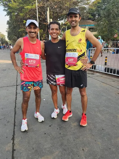 A picture with fellow runners at the Tata Mumbai Marathon. The support we give each other on the course is what makes the Indian running community so special.