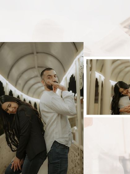A fun and quirky shot of the couple posing back-to-back in a covered walkway. Their playful expressions and poses showcase their fun side and easy-going relationship.