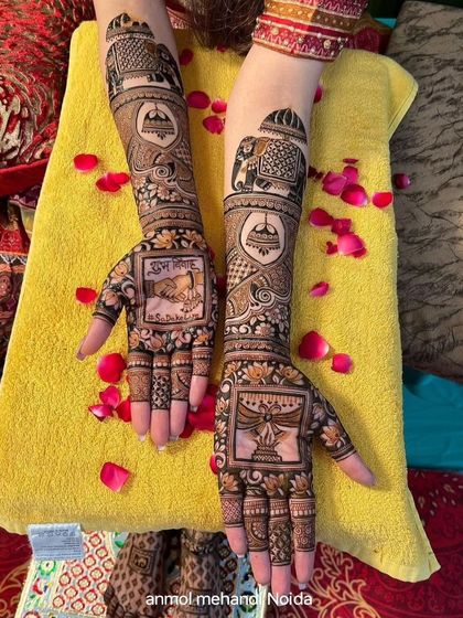 This design features auspicious symbols like a diya and "Shubh Labh" on the palms, framed by traditional elephant and palace motifs.