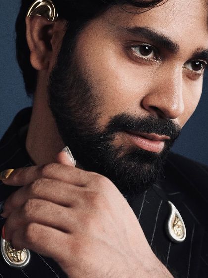 A close-up of Ankush Bahuguna's custom press-on set, showing the mix of textures and colors.