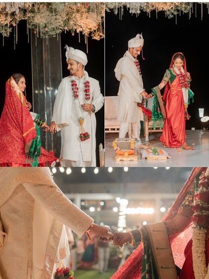 A collage capturing the key moments of a wedding ceremony, from the exchange of garlands to holding hands during the vows.