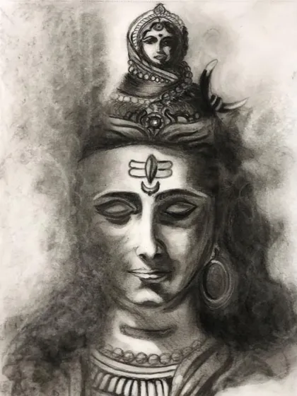 This powerful charcoal sketch of Lord Shiva shows the beauty of black and white art. The student learned to use charcoal to create deep shadows and soft highlights, giving the portrait a three dimensional and divine feel.